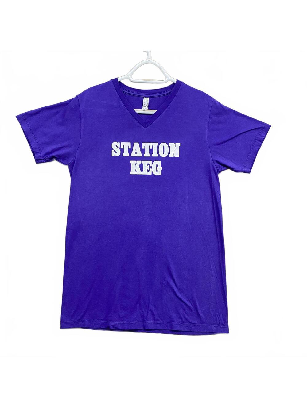Station Keg "We Always Rub Our Meat" Funny Steak Cartoon Purple V-Neck TShirt S